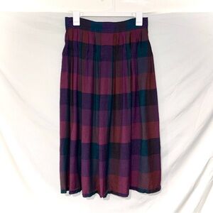 Vintage 80s 90s Burgundy Pleated Plaid Wool Midi Skirt Grunge